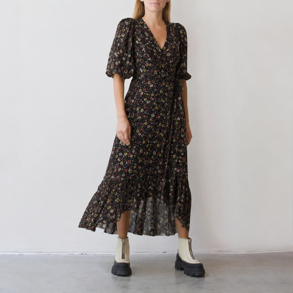 Ganni Tilden Wrap Dress Black Floral Mesh Puff Sleeve Ruffle High Low S